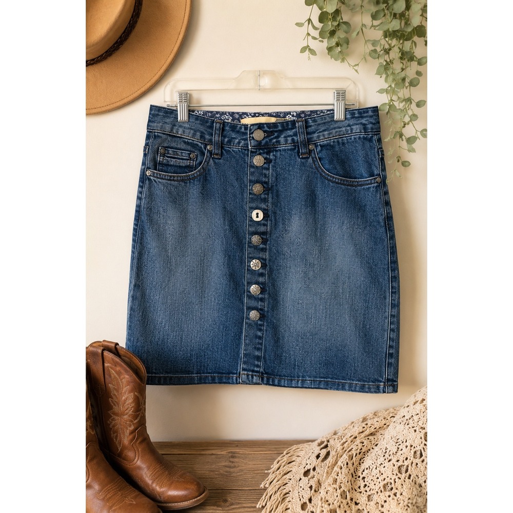 Button Front Denim Mini Skirt Womens 8 Embroidered Pockets Western Boho Festival